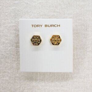 Tory Burch Hexagon Logo Stud Earrings Gold OS